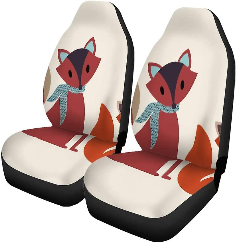 Set Of 2 Car Seat Covers Red Fox Two Whimsical Foxes Adorable Bushy Cartoon Universal Auto Front Seats Protector Fits