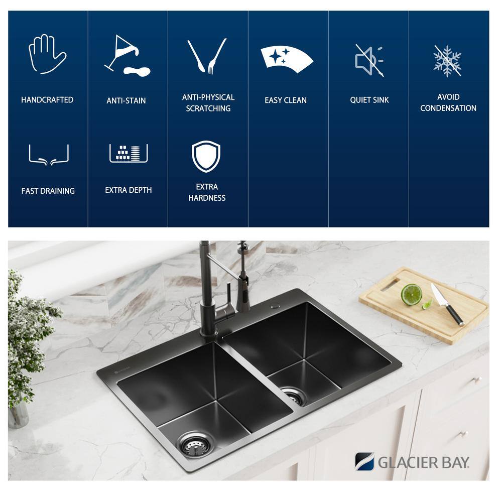 Glacier Bay Gunmetal Black Stainless Steel 33 in. 18 Gauge Double Bowl Dual Mount Kitchen Sink with Black Spring Neck Faucet ACS3322A2T-F