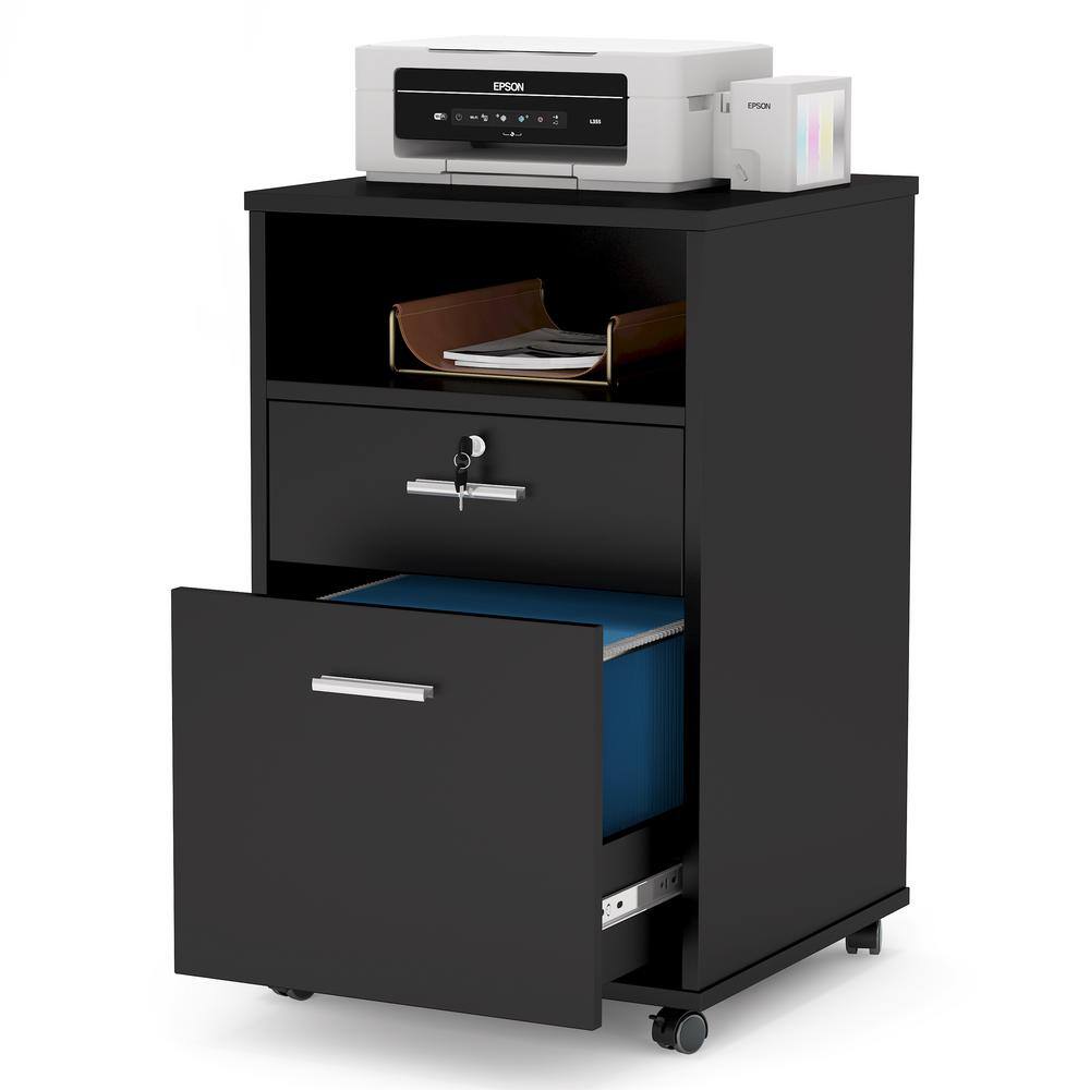 BYBLIGHT Atencio Black Mobile File Cabinet with Lock 2-Drawer Wood Filing Cabinet for Letter Size BB-C0343XF