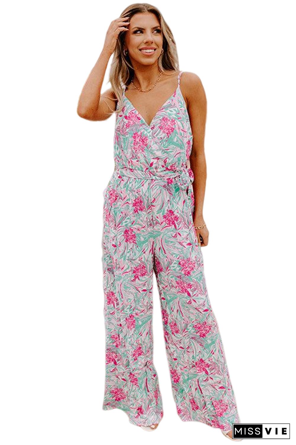 Sky Blue Floral Print Knotted High Waist Sleeveless Jumpsuit