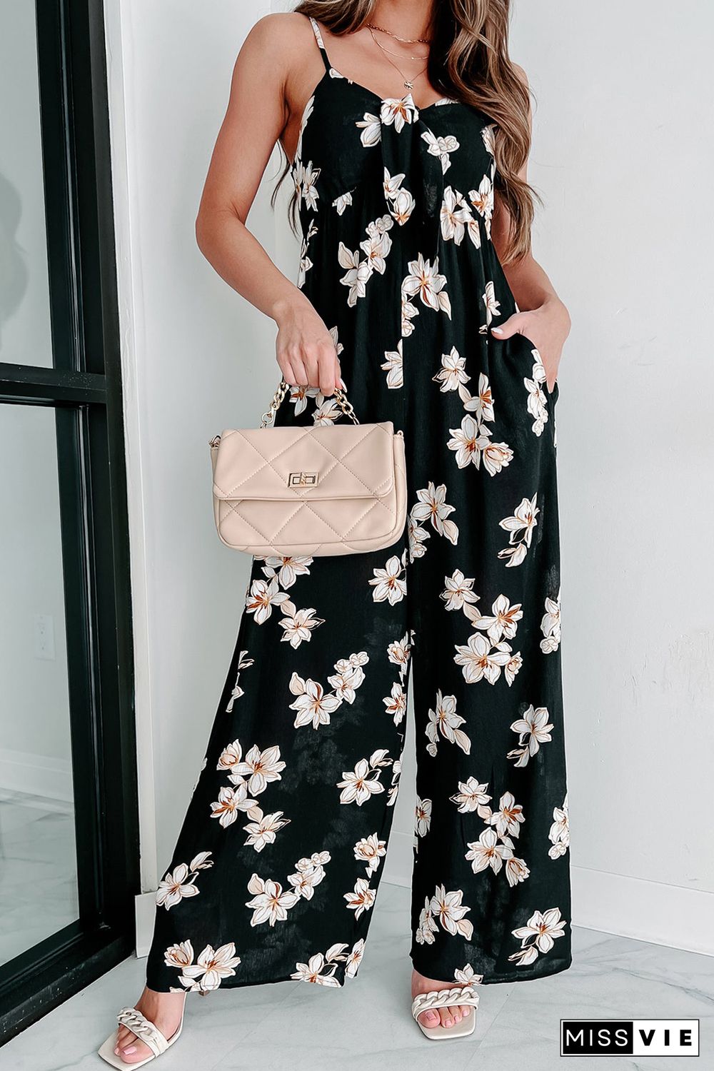 Black Tie Decor V Neck Floral Wide Leg Jumpsuit