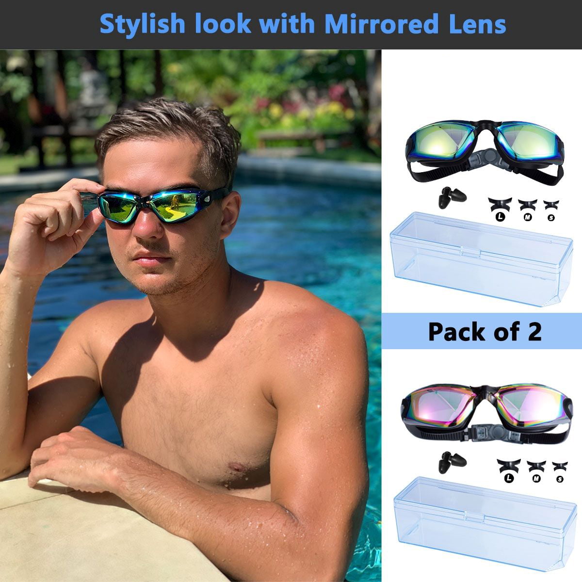 EverSport 2pack Swimming Goggles for Adult Comfortable Daily Swim Glasses with Mirrored Anti-Fog Lens No Leak Water