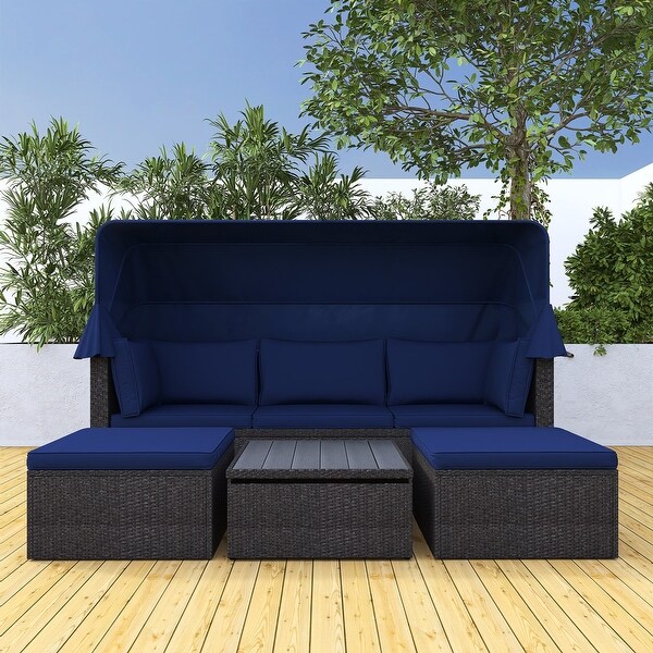 4Piece Outdoor Wicker Sectional Patio Daybed with Canopy and Ottoman