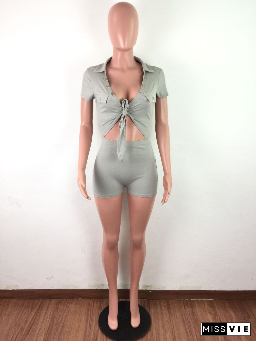 Button Bandage Hollow Out Dew Waist Romper With Mask