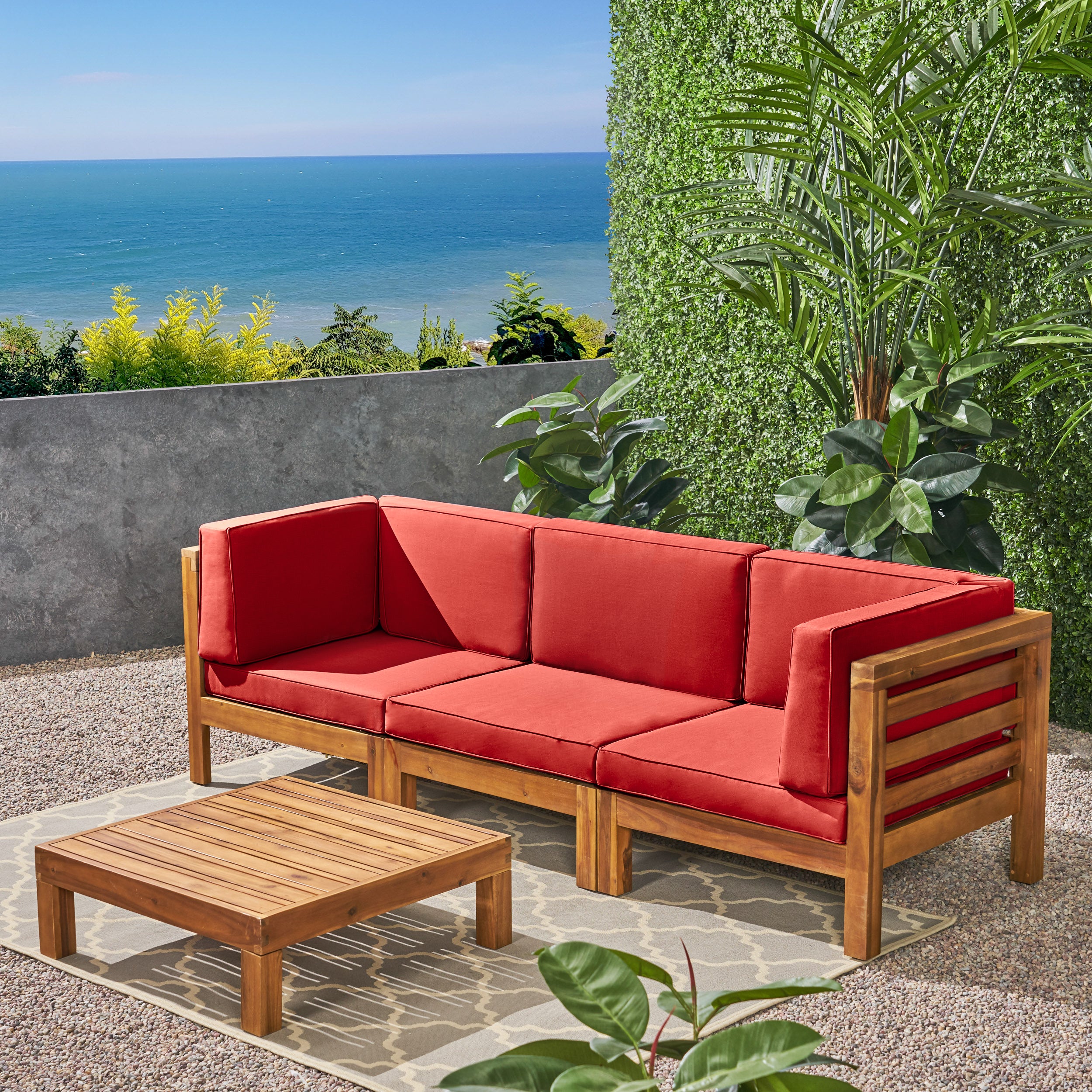 Dawson Outdoor Sectional Sofa Set with Coffee Table - 4-Piece 3-Seater - Acacia Wood - Outdoor Cushions