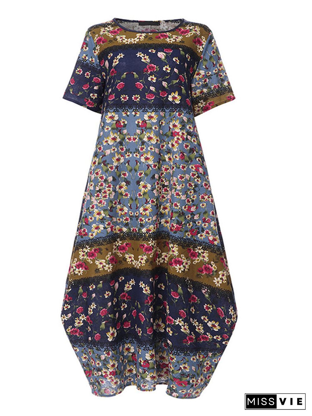 Women's Floral Printed Round Neck Short Sleeve Maxi Dress