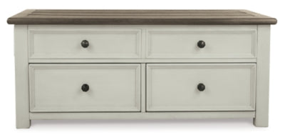 Signature Design by Ashley Bolanburg Farmhouse Lift Top Coffee Table with Drawers, Antique White & Brown