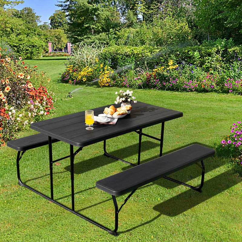 4-Person Folding Picnic Table Bench Set with Wood-like Texture & Metal Frame, Portable Outdoor Camping Dining Table Set