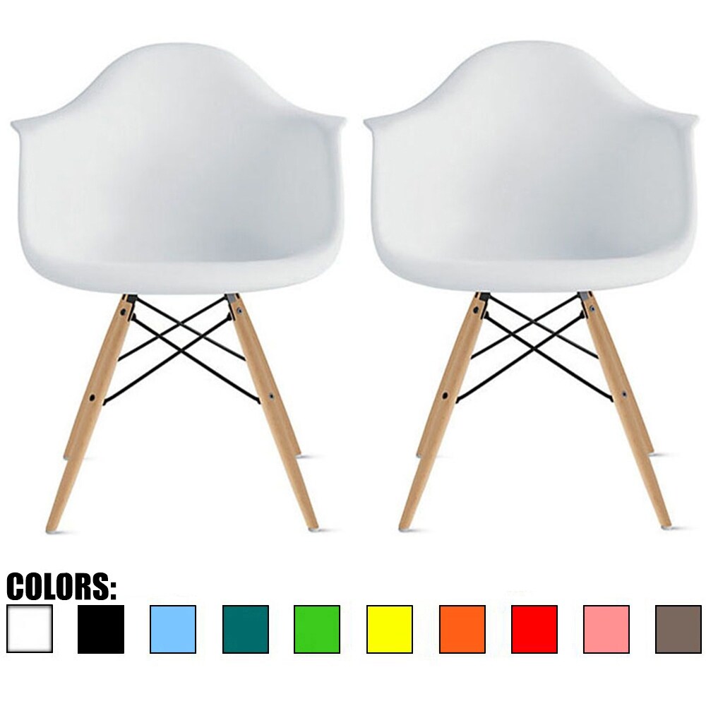 Set of 2 Plastic Accent Modern Designer Dining Chair With Arms Molded Shell Desk Natural Wooden Legs Kitchen Patio