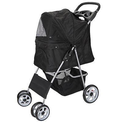 Pet Dog Stroller Foldable Carrier Cart 4 Wheels W/Storage Basket and Cup Holder