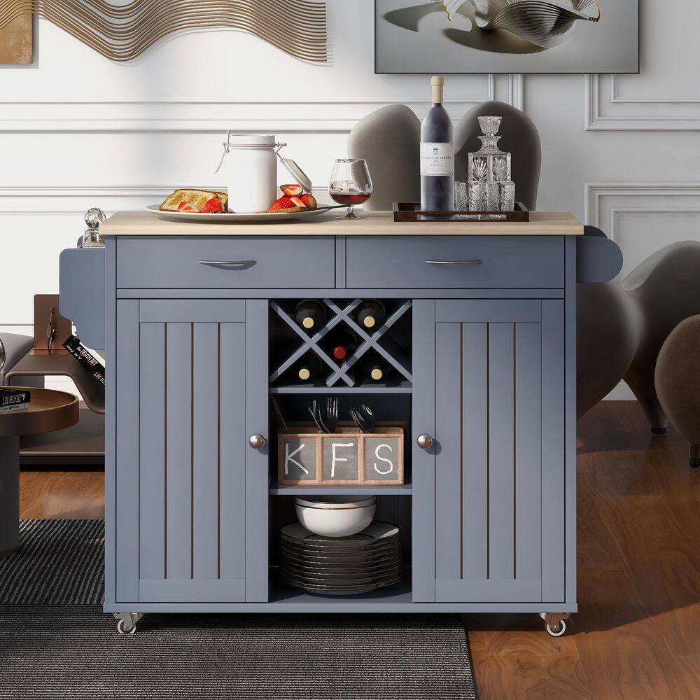 Blue Kitchen Island on 4-Wheels with 2-Storage Cabinets and Wine Rack and Towel Rack VJ1203KIsland1