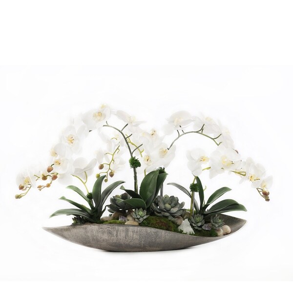 Cream White Real Touch Phalaenopsis Orchids in Large Metal Tray