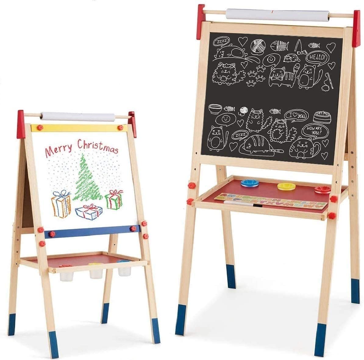 Costzon 3 in 1 Kids Art Easel with Paper Roll, Double Sided Adjustable Chalkboard & White Dry Erase with 4 Drawing Board Clips