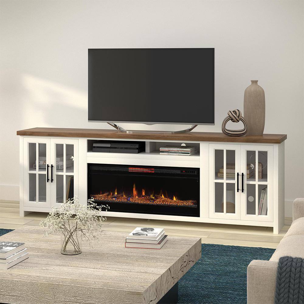 Bridgevine Home 97 in. Fully Assembled White and Brown TV Stand with Electric Fireplace Fits TV's up to 85 in. HT5410.BJW