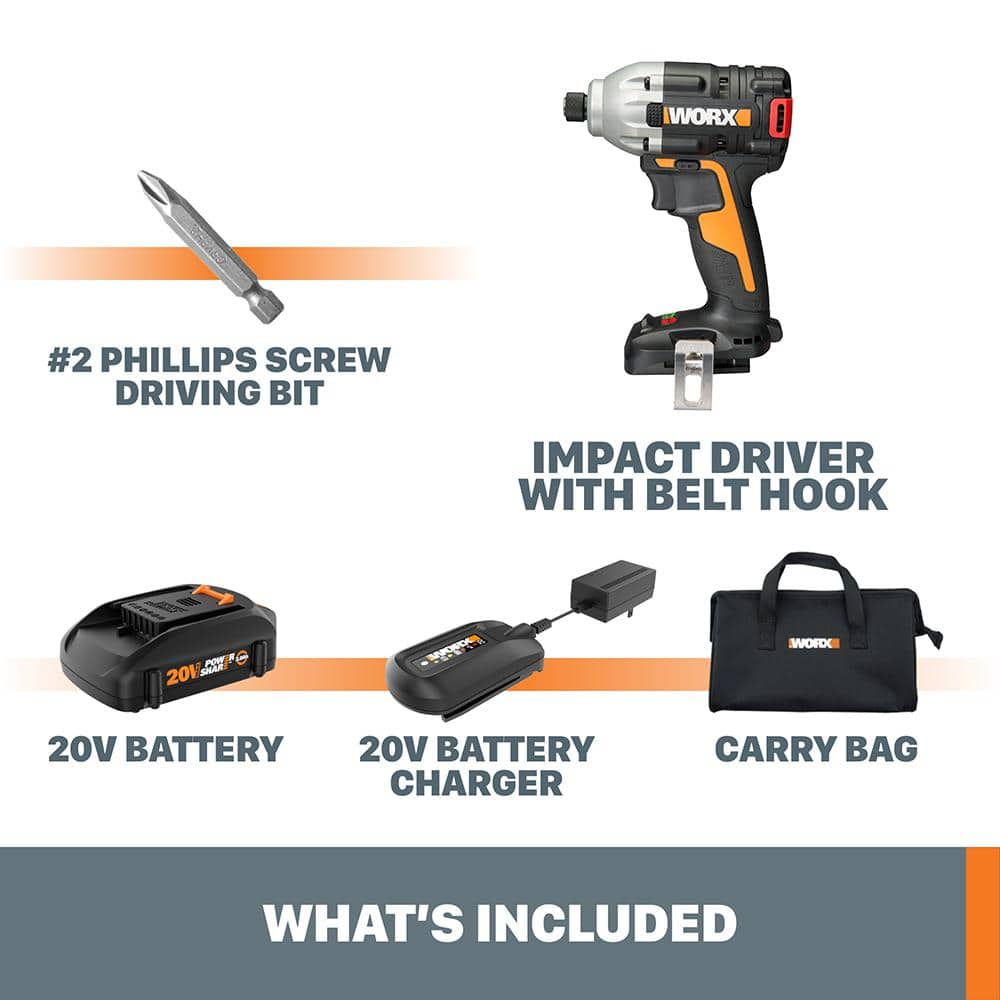 Worx POWER SHARE 20-Volt Cordless and Brushless Multi-Speed 1/4 in. Hex Impact Driver with Quick Change Chuck WX261L