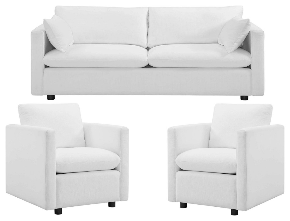 Activate Fabric Apartment Sofa Couch/Accent Lounge Armchair  2 Piece Set  White   Transitional   Living Room Furniture Sets   by VirVentures  Houzz