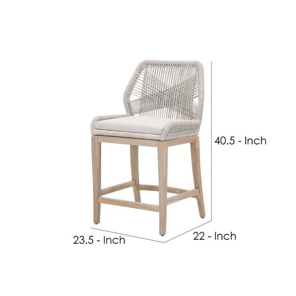 Counter Stool with Rope Back and Wooden Legs， Gray and Brown - 40.5 H x 23.5 W x 22 L Inches