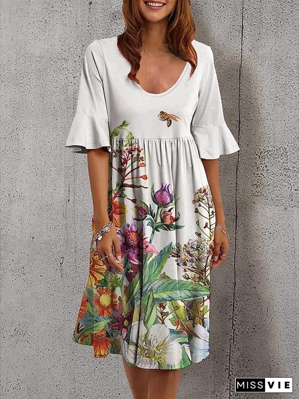 Women's Shift Dress Knee Length Dress White Black Blue Red Yellow Green Brown Rainbow Half Sleeve Floral Print Print Spring Summer V Neck Casual  S M L XL XXL 3XL