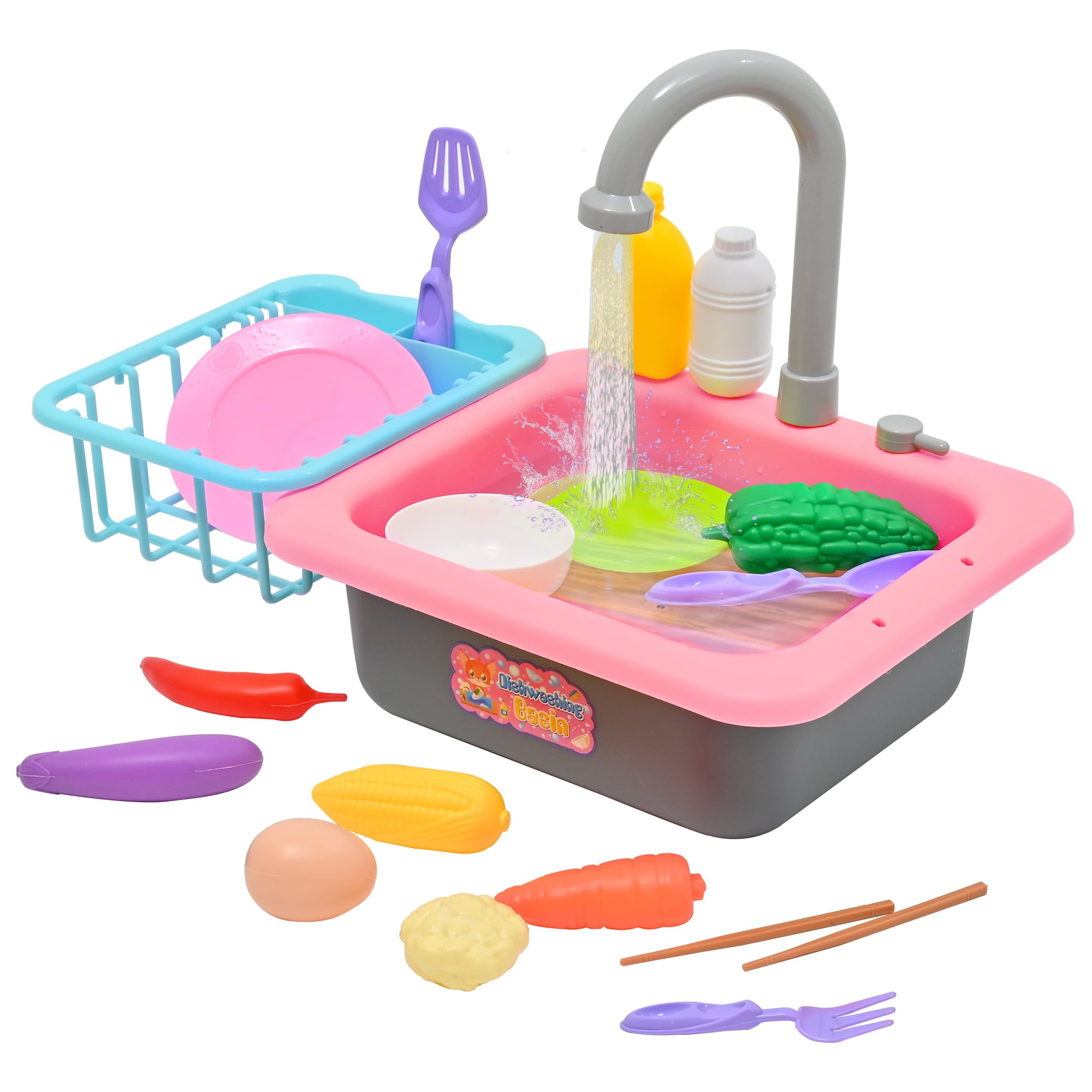 Kitchen Sink Toys - Play Sink with Running Water, Kids Pretend Play Kitchen Toy Sink for Girl, Role Play Electronic Dishwasher Kitchen Water Toys Set