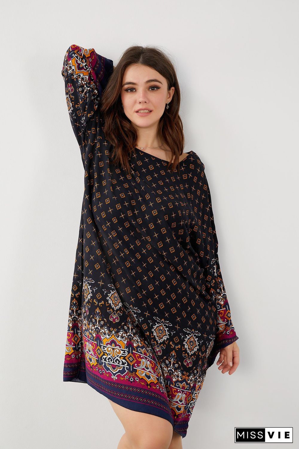 Ethnic Print Long-sleeved Dress P11437