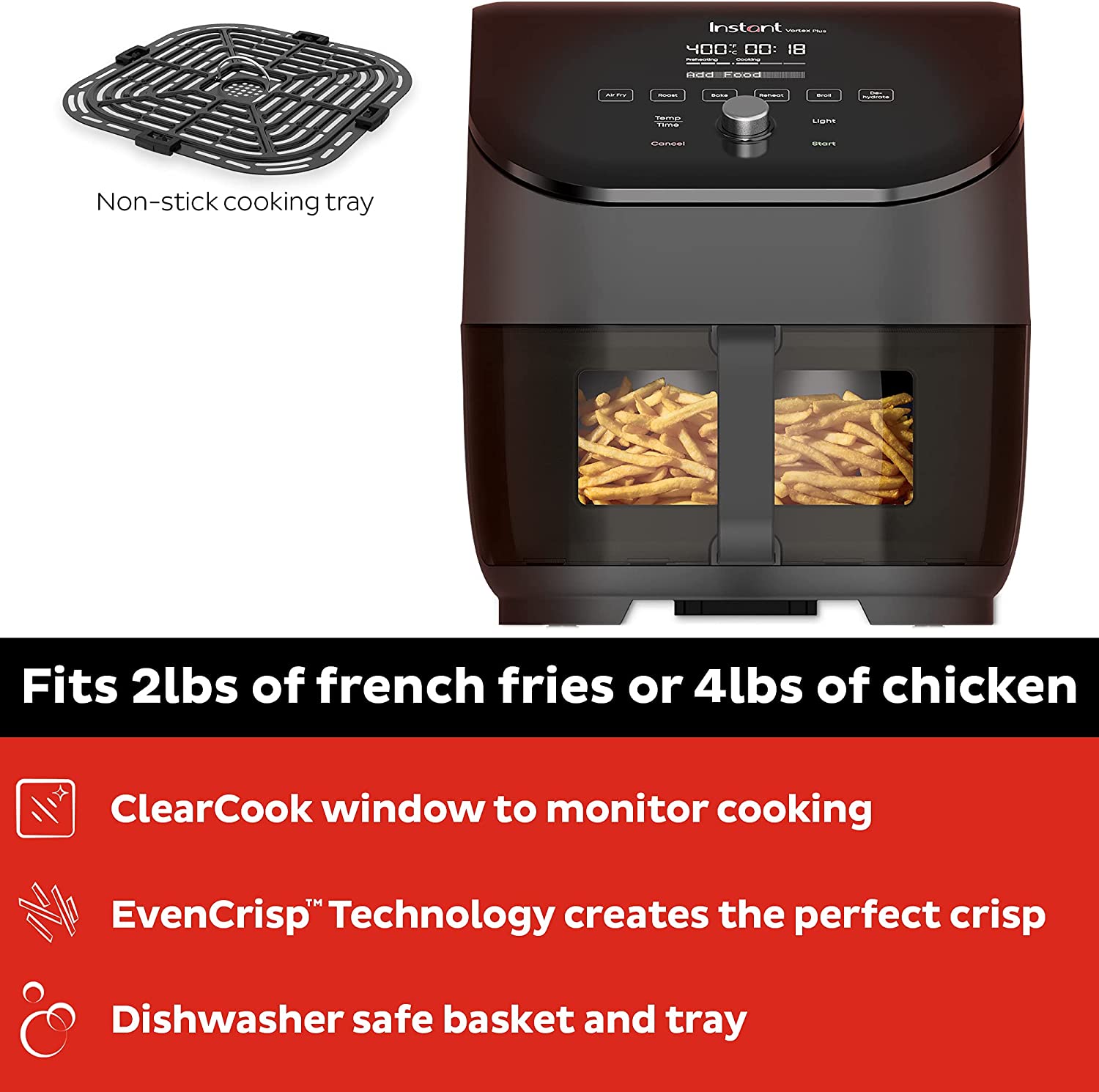 Instant Vortex Plus 6-Quart Air Fryer Oven， From the Makers of Instant Pot with ClearCook Cooking Window， Digital Touchscreen， App with over 100 Recipes， Single Basket， Black