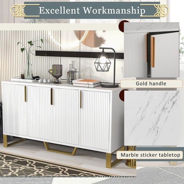 Modern sideboard with Four Doors， Metal handles and Legs and Adjustable Shelves Kitchen Cabinet