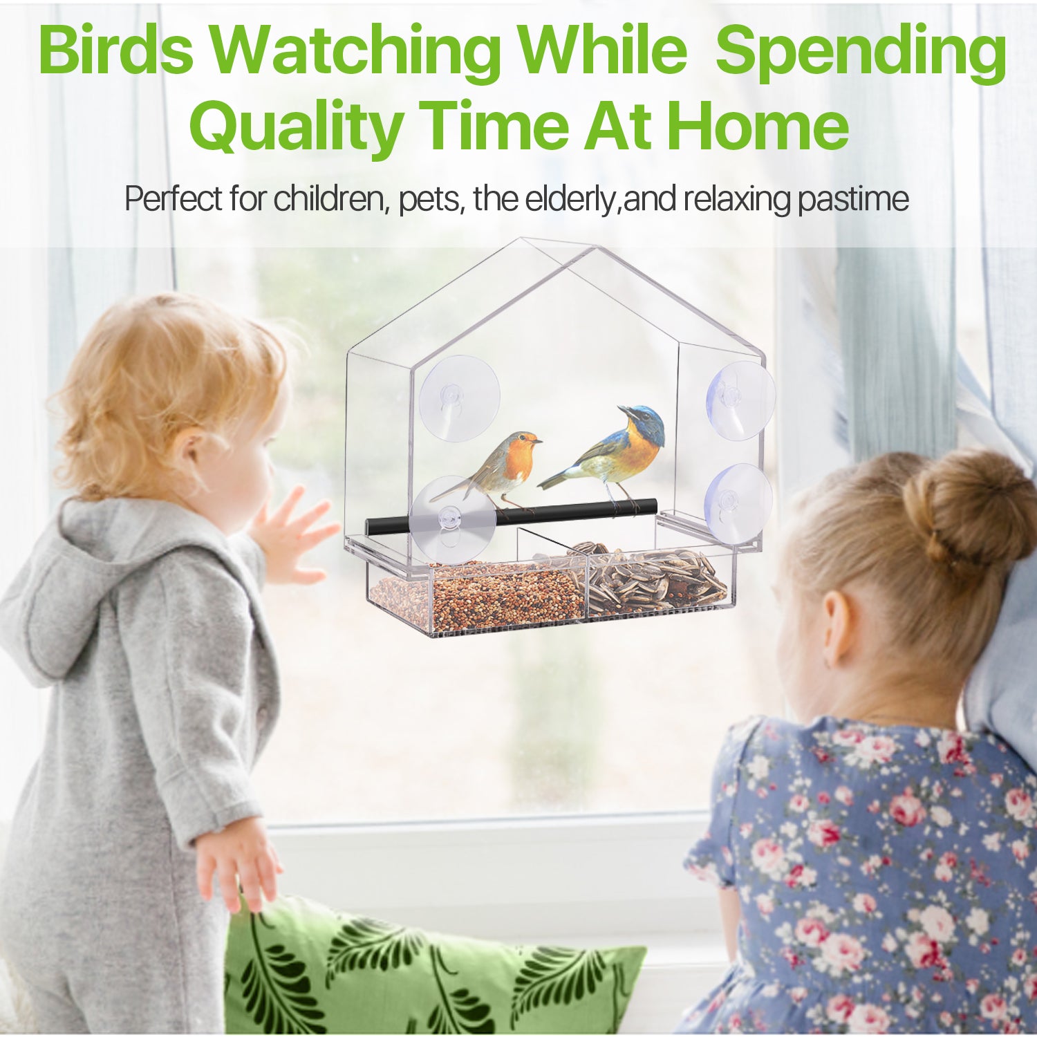 Window Bird Feeders with Strong Suction Cups， Acrylic Clear Bird House to View Large Wild Birds， Cardinal， Finch， and Chickadees， Removable Seed Tray with Drain Holes， Easy Clean， Great Gift