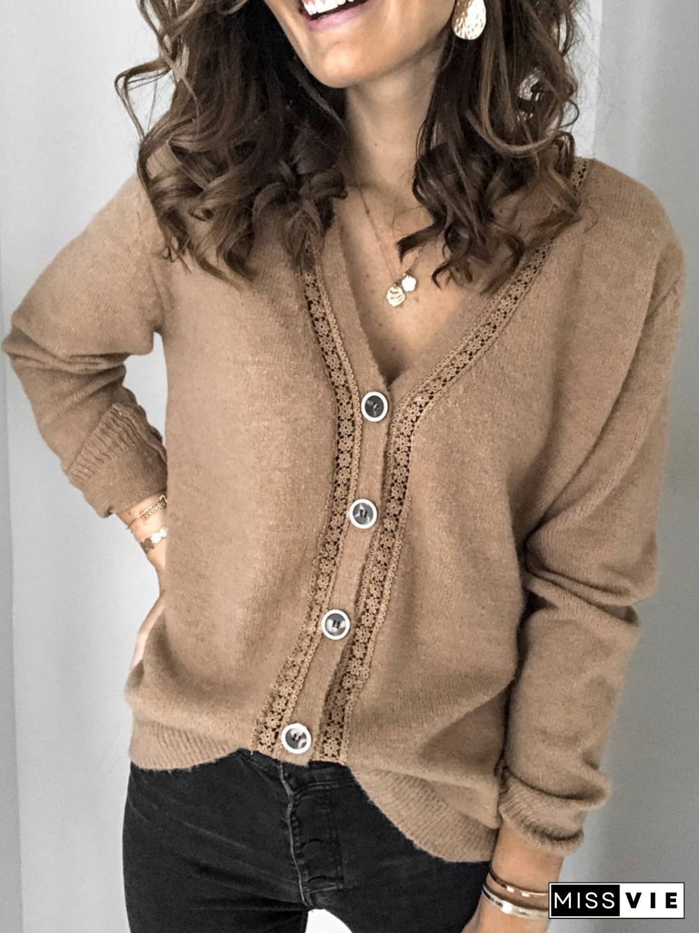 Casual Autumn Knitted V neck Mid-weight Micro-Elasticity Daily Long sleeve Jacket for Women