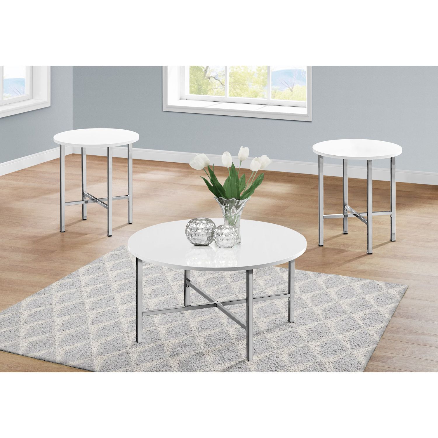 Set of 3 Glossy White with Chrome Metal Base Coffee Table and End Tables  35.5