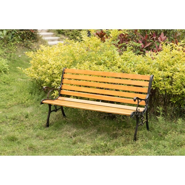 Wooden Outdoor Park Patio Garden Yard Bench Steel Armrest Legs