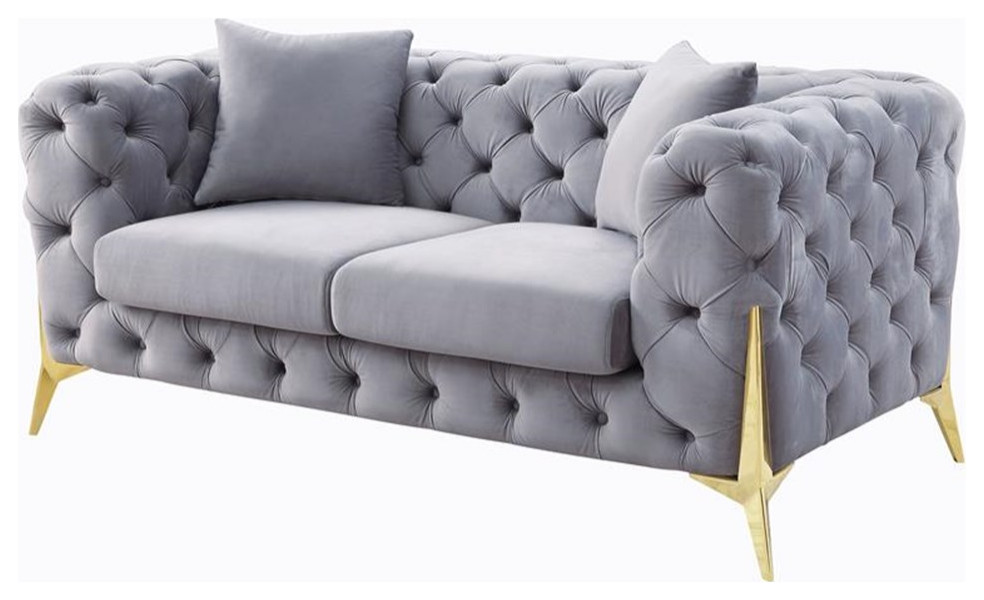 ACME Jelanea Velvet Tufted Upholstery Loveseat with 2 Pillows in Gray and Gold   Midcentury   Loveseats   by Homesquare  Houzz