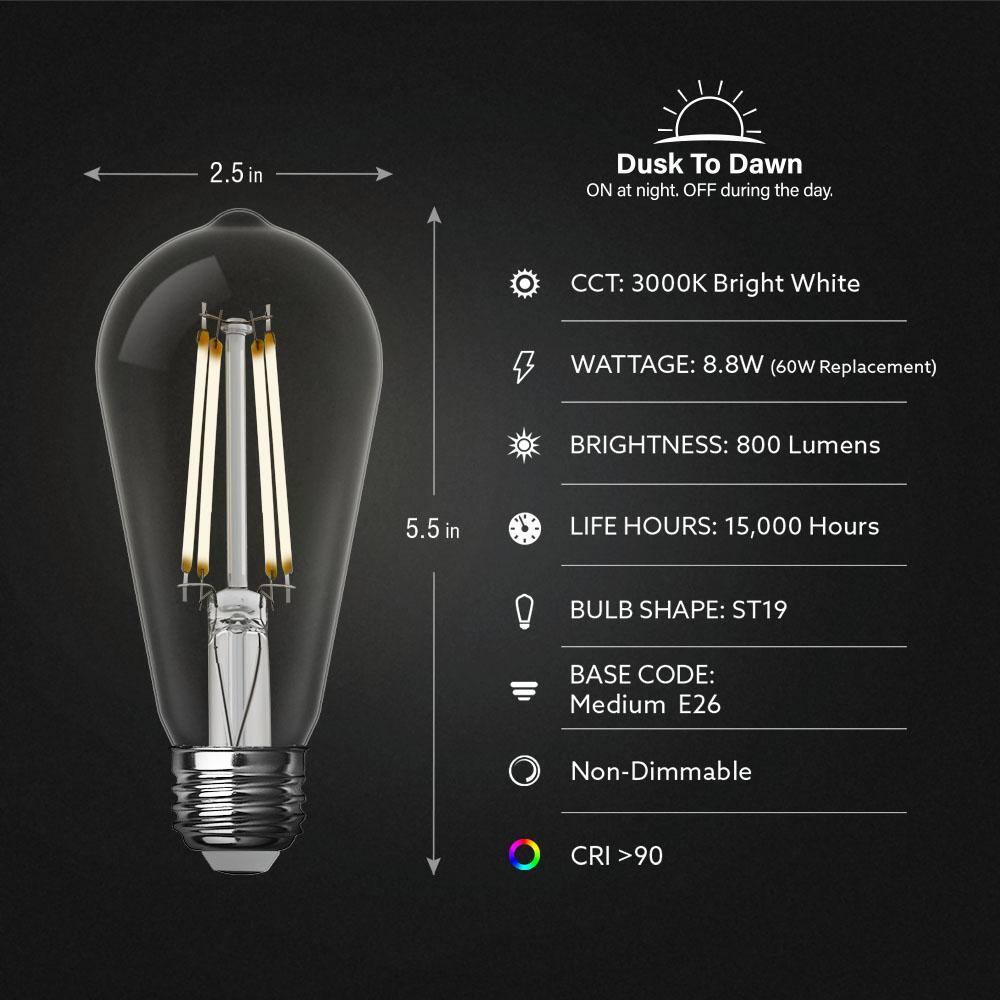 Feit Electric 60-Watt Equivalent ST19 Straight Filament Dusk to Dawn Clear Glass E26 Vintage Edison LED Light Bulb Bright White ST19CL930CADDHDRP