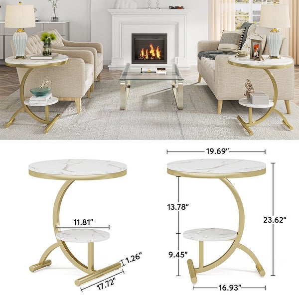 Faux Marble End Table， 2-Tier Round Sofa Side Table with C-Shaped Base Metal Legs，Indoor Plant Stand Modern Small Accent Table