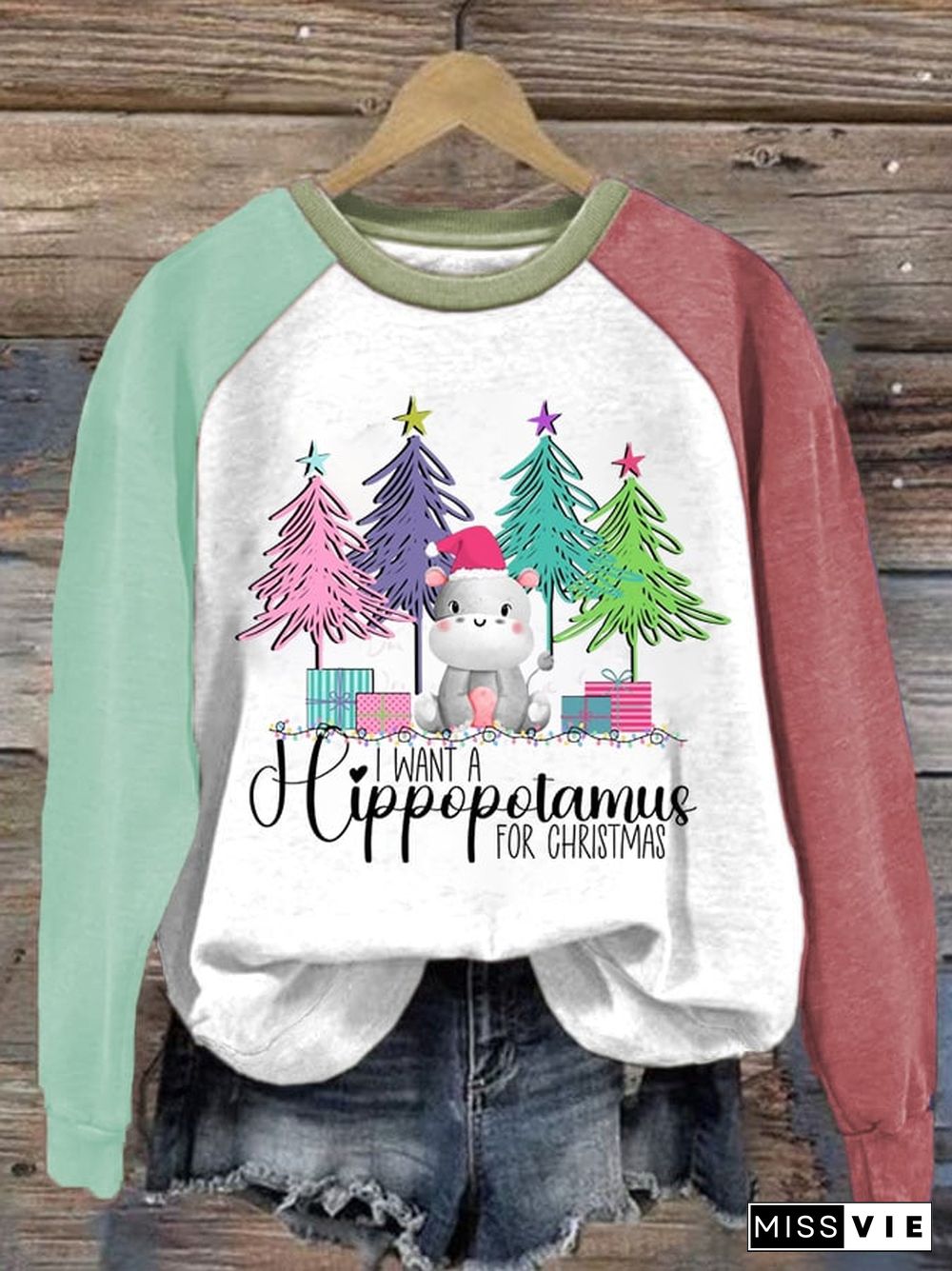 Women's Christmas I Want A Hippopotamus For Christma Casual Printed Sweatshirt