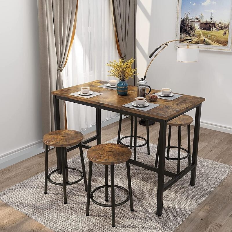 Industrial Dining Table Chair Set Kitchen Counter Height Pub Table with 4 Round Chairs ( Set of 5)