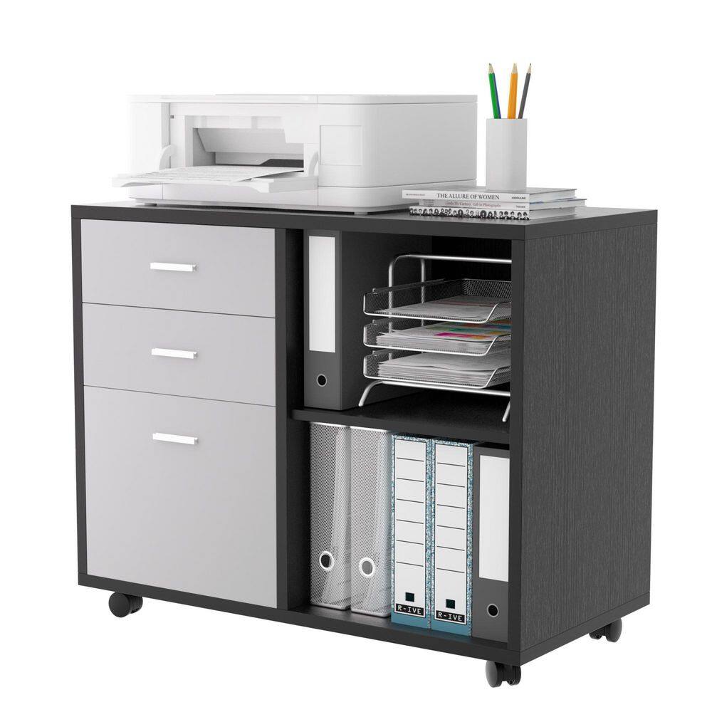 URTR Office Black and Light Gray Lateral File Cabinet with Drawers and Shelves Storage Cabinet with Wheels 1 EA Printer Stand HY02315Y