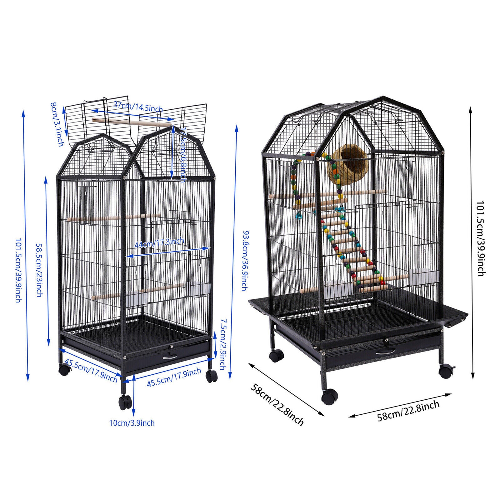 FETCOI Large Cockatiel Parakeet Finch Rolling Canary Cage Bird Cage w/ ladder and swing (Medium)