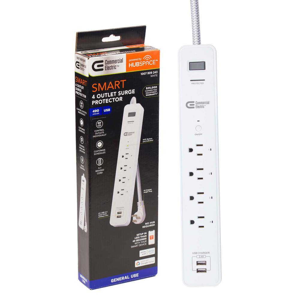 Commercial Electric 3 ft. 4-Outlet White Surge Protector Smart with USB Powered by Hubspace LTS-4G-W-1