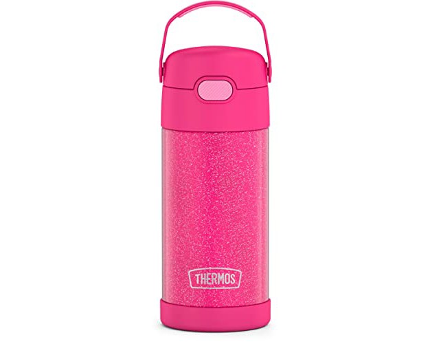 Thermos Funtainer 12 Ounce Stainless Steel Vacuum Insulated Kids Straw Bottle Pink Glitter