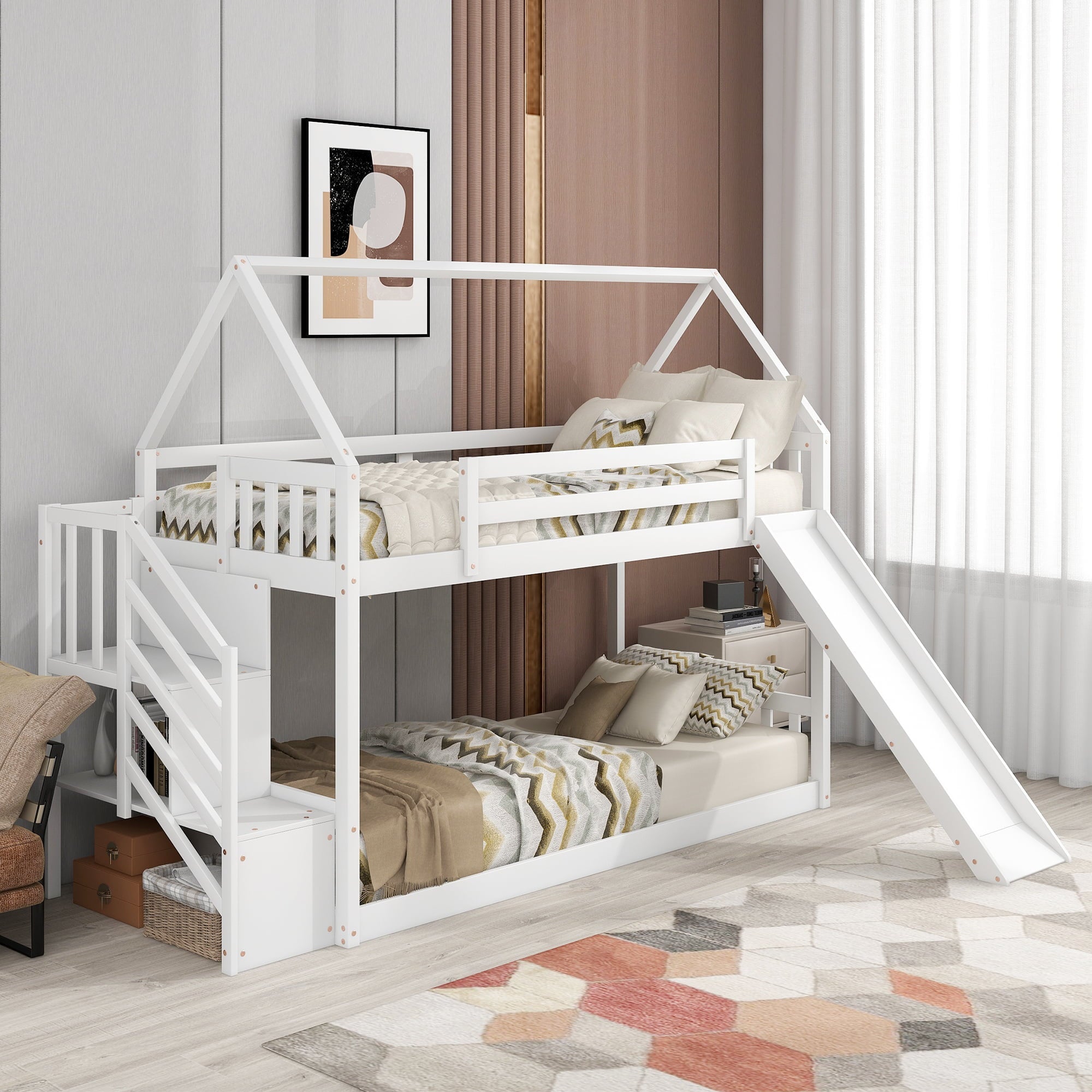 EUROCO Twin over Twin House Bunk Bed with Staircase for Kids Bedroom, White