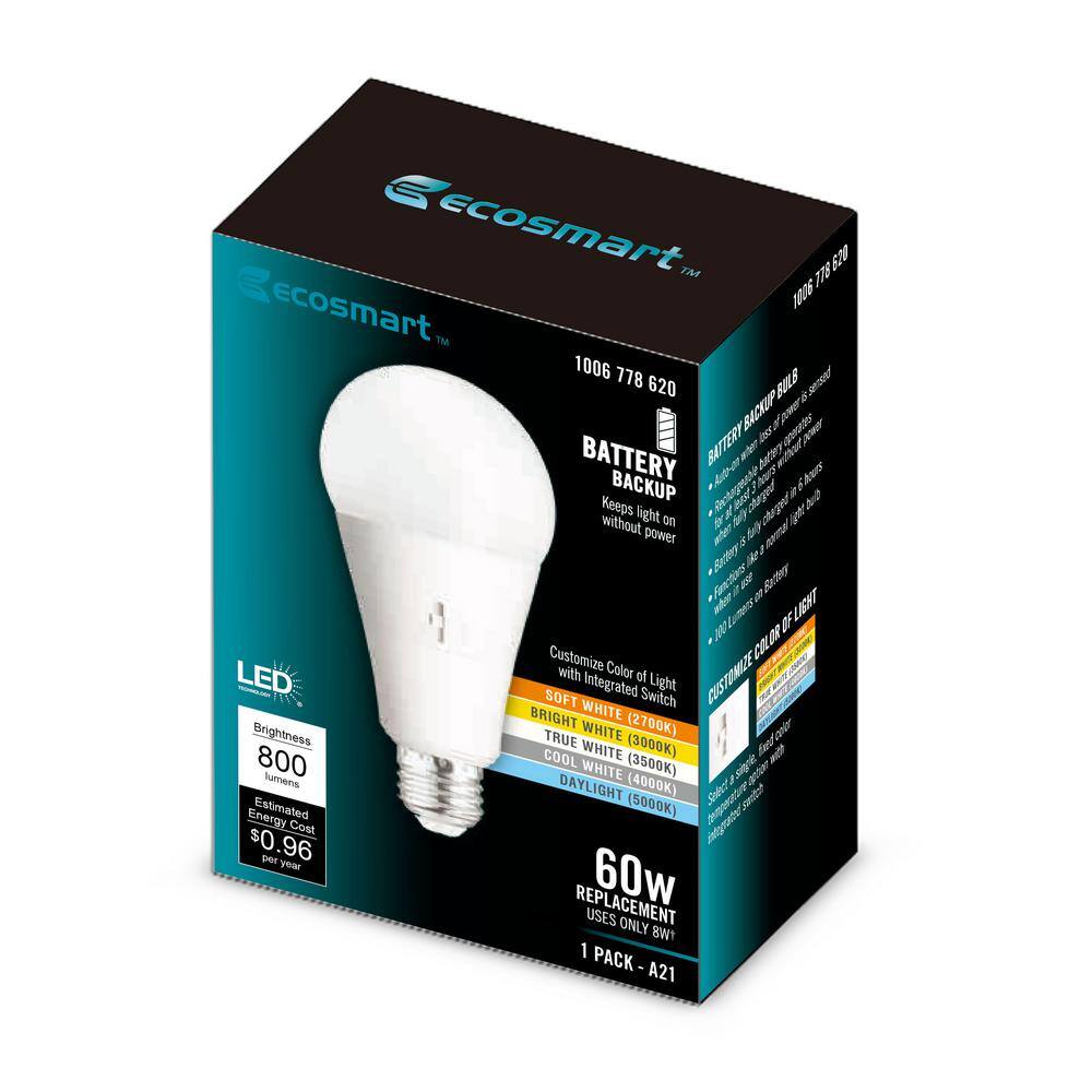 EcoSmart 60-Watt Equivalent A21 Dimmable CEC Battery Backup LED Light Bulb with Selectable Color Temperature (1-Pack) 11A21060WCCTB01