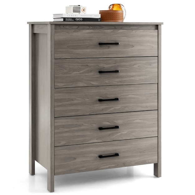 Costway Modern 5 Drawer Chest Storage Dresser Cabinet With Metal Handles Grey Oak