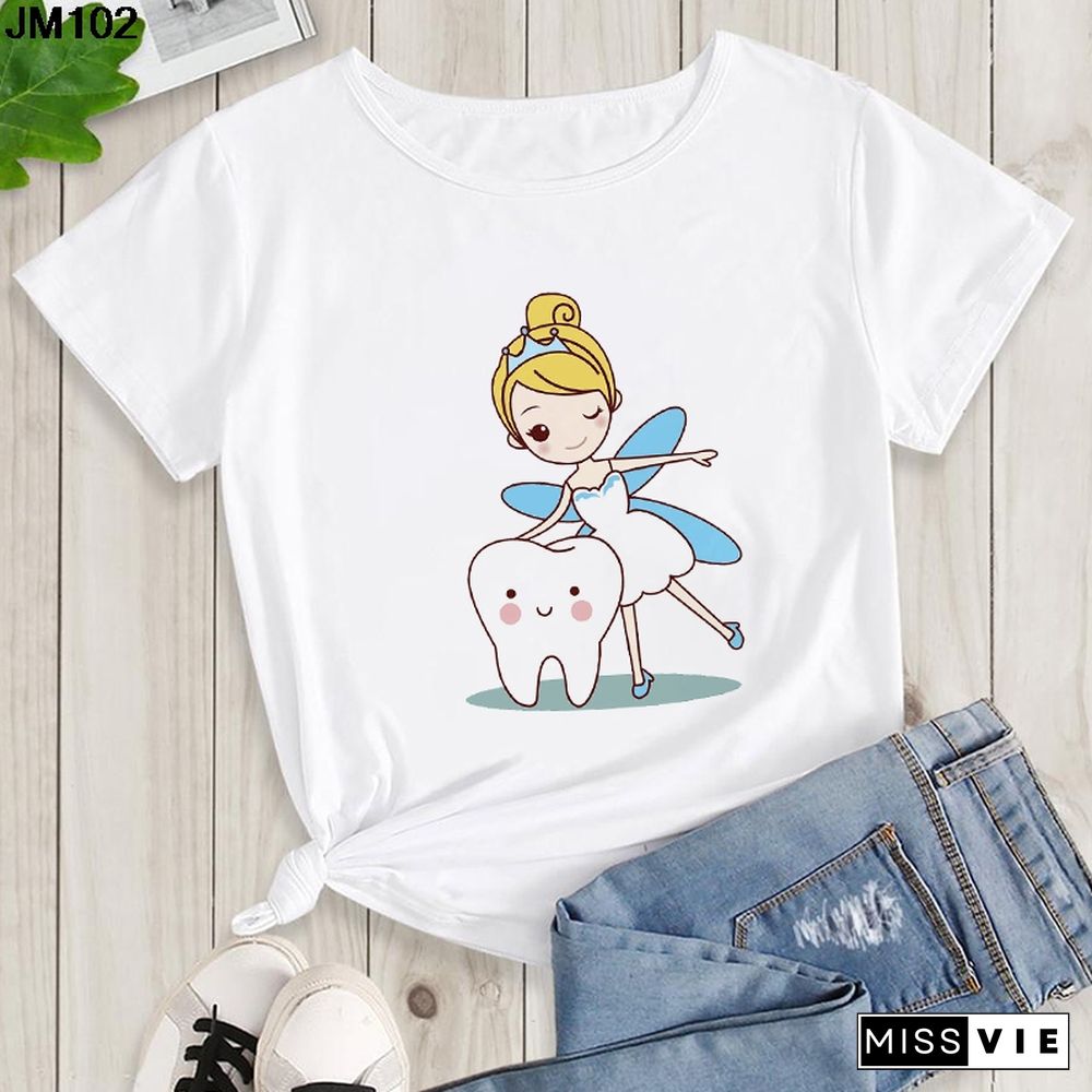 Aesthetic Funny Tooth Dentist Print Female Clothing T-shirt 90s Harajuku Kawaii O-neck Tshirt Summer Fashion Women's Top T Shirt