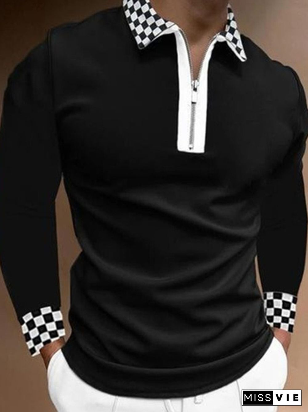 Men's Zipper Lapel Polo Shirt Plaid Print Long-sleeved T-shirt