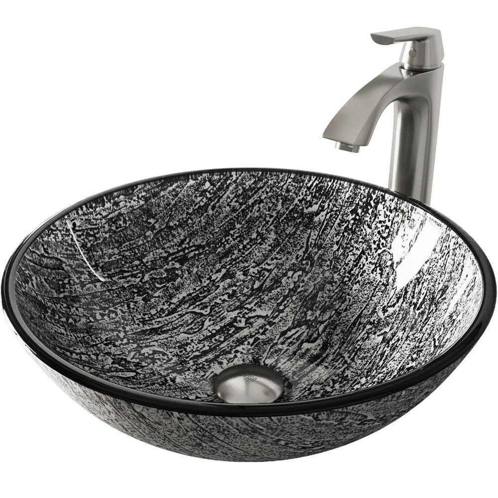 VIGO Glass Round Vessel Bathroom Sink in Titanium Gray with Linus Faucet and Pop-Up Drain in Brushed Nickel VGT559