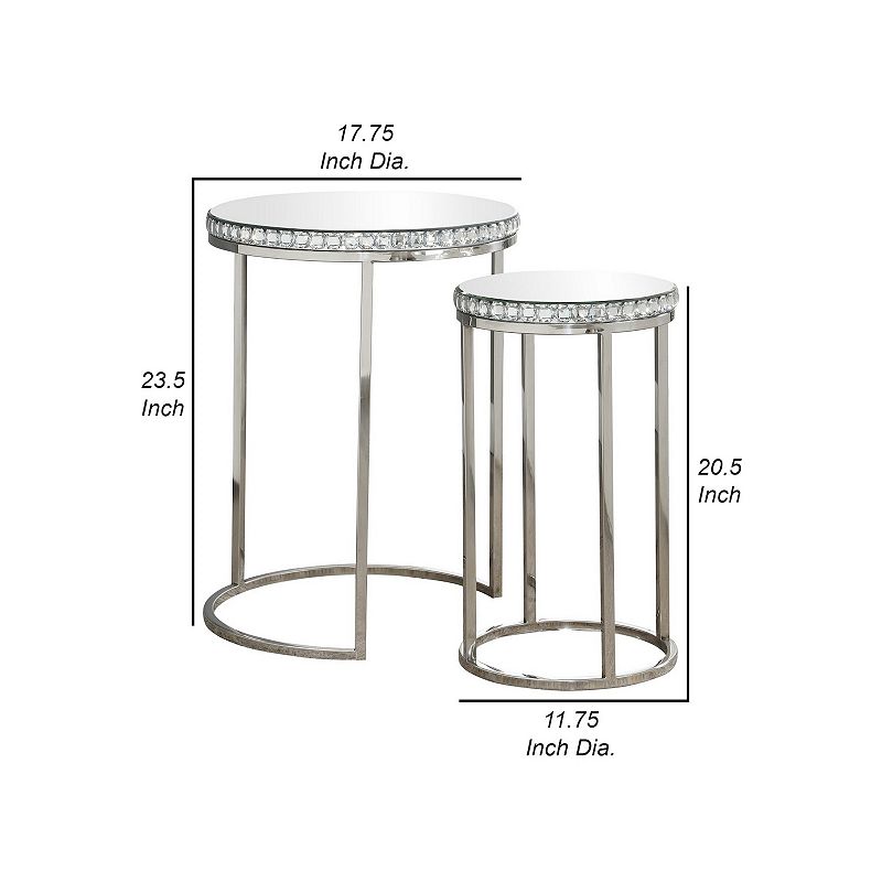 24 Inch Nesting Accent Tables， Mirrored Gemstone Trim， Set of 2， Silver