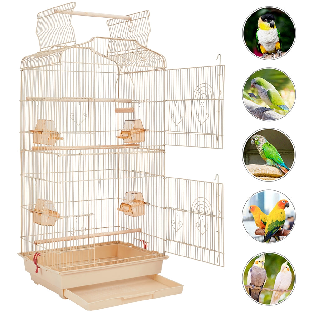 Topeakmart 41'' H Open Top Metal Birdcage Parrot Cage with Feeders， Almond