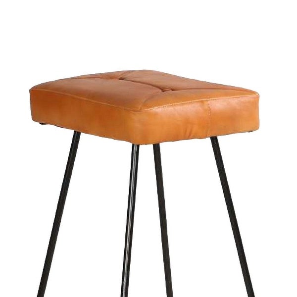 32 Inch Modern Bar Stool， Genuine Leather Seat， Metal Frame， Button Tufted， Tan Brown， Black - 21.5 L x 19 W x 31.7 H Inches