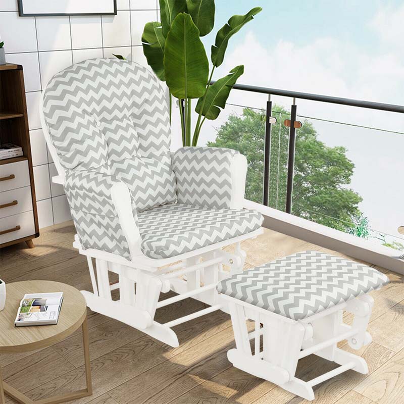 Glider Rocking Chair & Ottoman Set Solid Wood Baby Rocker Nursery Chair With Padded Cushions & Pockets