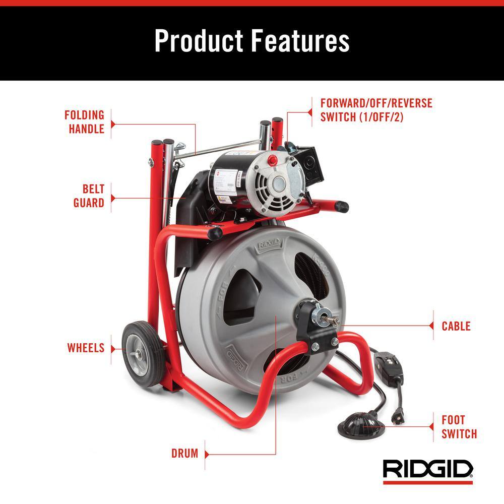 RIDGID K-400 Drain Cleaning Snake Auger 120-Volt Drum Machine with C-32IW 38 in. x 75 ft. Cable + 4-Piece Tool Set  Gloves 52363